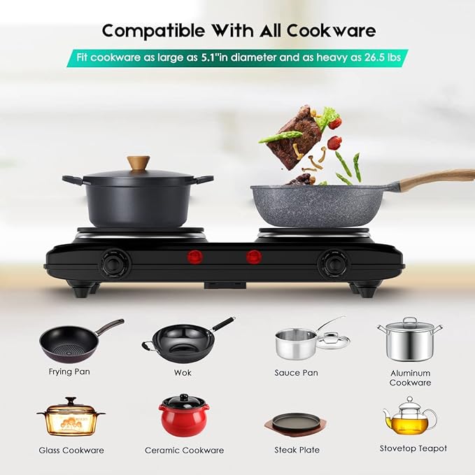 CUKOR Double Cast Iron 2 Burner, 1800W Countertop Burner, Dual Electric Stove Burners, Portable Double Burner for Cooking