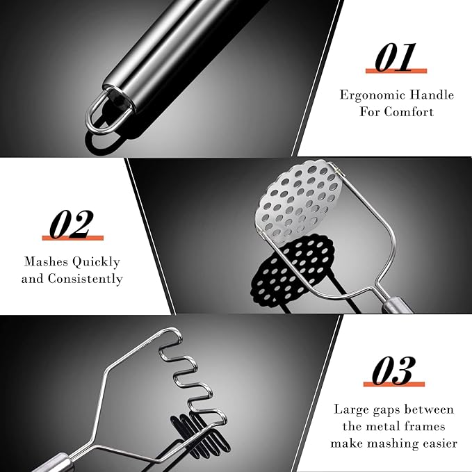 Potato Masher, Sopito 2 Pack Stainless Steel Integrated Kitchen Tool Food Masher for Potatoes, Vegetables, Berries, Fruits, Baby Food, Avocado