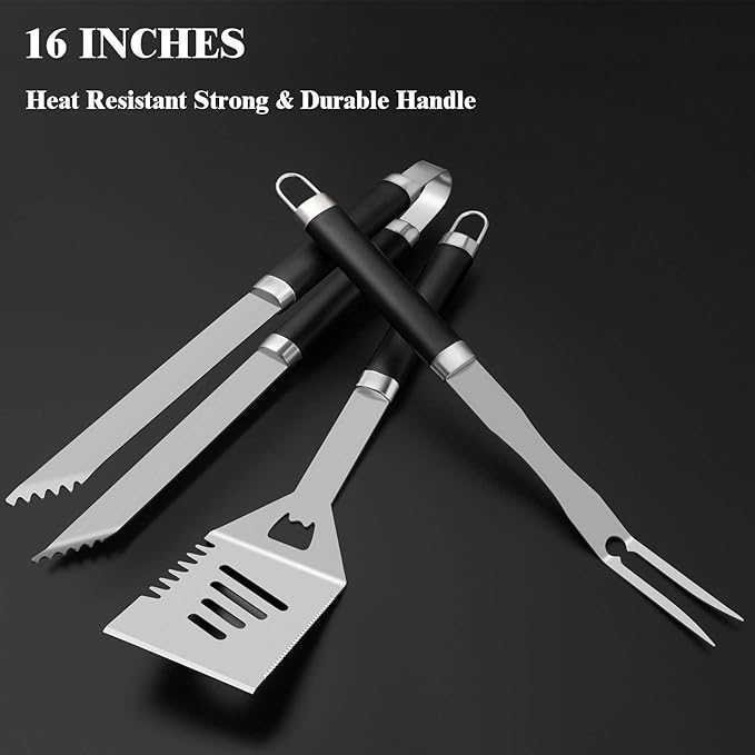 ROMANTICIST 25pcs Extra Thick BBQ Grill Accessories, Christmas Grilling Gifts Set for Men Dad, Heavy Duty Grill Tools Utensils Kit with Spatula, Tongs in Aluminum Case for Birthday Black