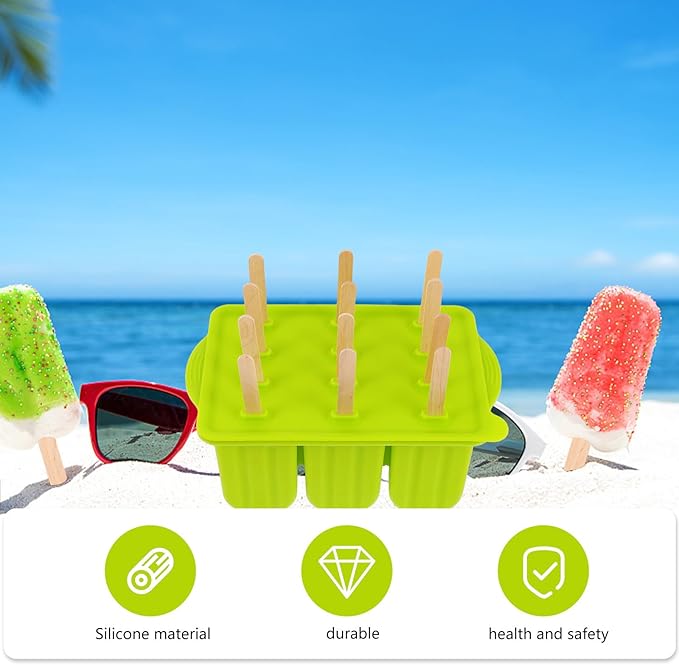 Silicone Ice Lolly Mold 12-grid Ice Treat Maker with Sticks, Flexible Non-stick Ice Cream Making Tool for Homemade Chilled Desserts, Green Color, Kitchen Specialty Gadget