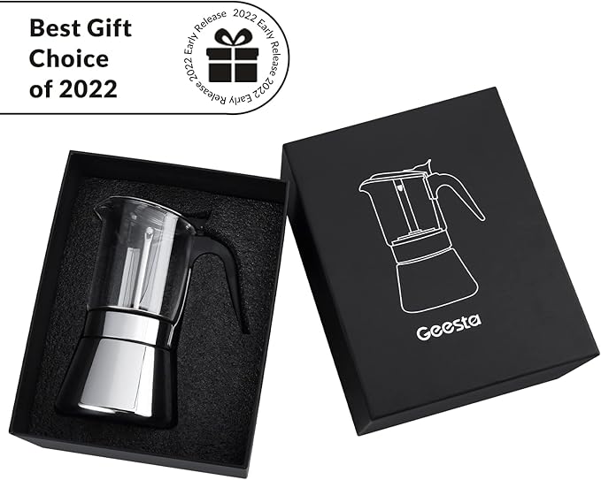 Geesta Premium Crystal Glass-Top Stovetop Espresso Moka Pot - 4/6/ 9 Cups - Stainless Steel Coffee Maker- 240ml/8.5oz/6 cup (espresso cup=40ml)