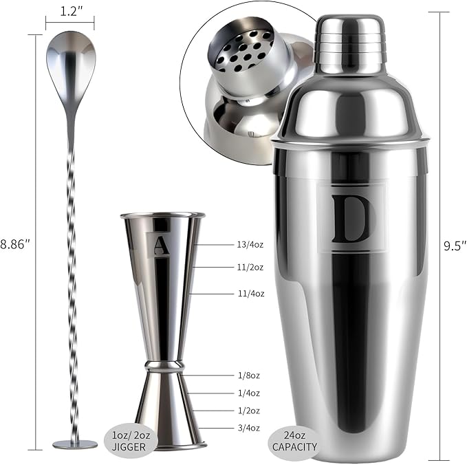 24oz Cocktail Shaker Set with 1 oz 2oz Jigger - Monogramm Initials Martini Shaker Set - 304 Stainless Steel Bar Shaker for Margarita,Mojito-Personalized Gift for Friend,Husband -C