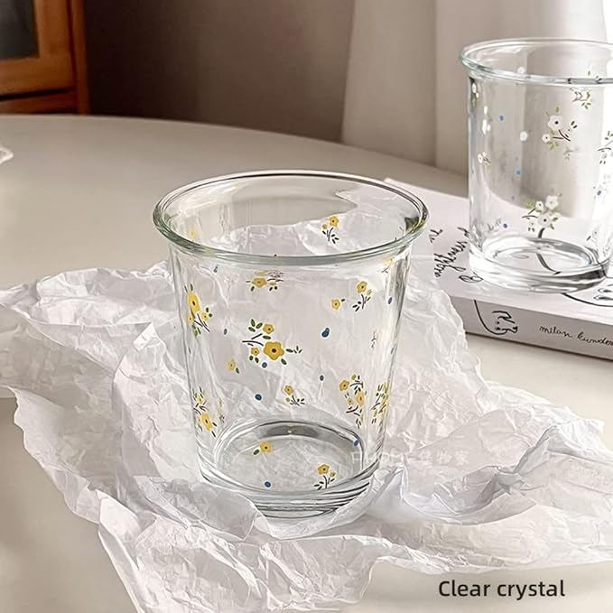 Set of 2 12 OZ Floral Drinking Glasses French Glass Coffee Cup Cute Flower Glass Cups for Iced Coffee,Tea,Juice,Latte,Milk,Dessert,Stackable Glassware Drinkware Set(white yellow)