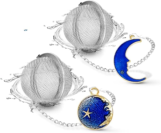 NSTaygate 2pcs Tea Infuser, Tea Strainers for Loose Tea, Gold Plated Enamel Moon Star Celestial Charm Pendant Tea Ball Set Loose Tea Steeper Gifts for Women