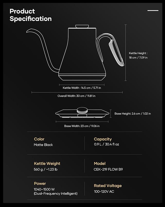 Cocinare Barista Collection Gooseneck Electric Kettle, ±1℉ Precise Temperature Control for Pour-Over Coffee & Tea, Quick Heating 1500W, Stainless Steel Interior, 0.9L (Matte Black)