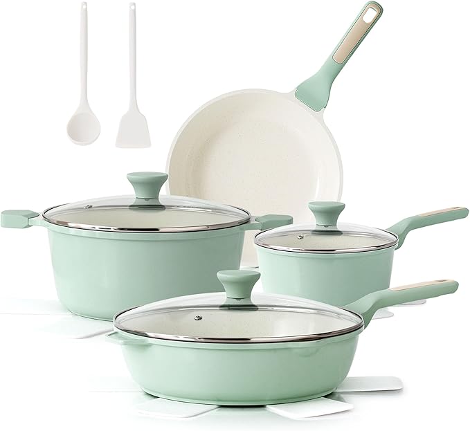 SENSARTE Nonstick Ceramic Cookware Set Large 13-Piece, Healthy Pots and Pans Set Dishwasher Safe, Non-toxic Kitchen Cooking Set with Stay-Cool Handles, Induction Compatible, PFAS Free, Green