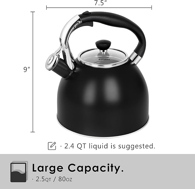 Rorence Stainless Steel Tea Kettle: 2.6 Quart Whistling Kettle for Stove Top with Capsule Bottom & Heat-resistant Glass Lid – Matte Black