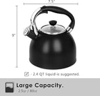 Rorence Stainless Steel Tea Kettle: 2.6 Quart Whistling Kettle for Stove Top with Capsule Bottom & Heat-resistant Glass Lid – Matte Black