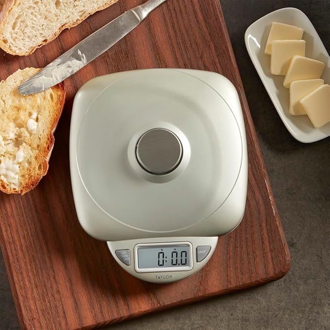 Taylor 11LB Capacity Digital Glass Top Kitchen Scale with LCD Display, Weight in Grams and Ounces for Baking, Cooking, and Meal Prep, Silver
