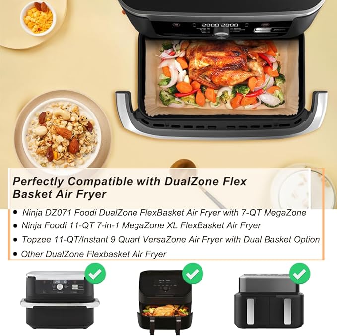 BYKITCHEN Air Fryer Liners for Ninja Foodi DZ071 7-QT/ 11-QT/Instant 9 Qt DualZone FlexBasket Airfryer, 100pcs Small Air Fryer Dual Liners & 50pcs Large Papers for 7-qt/11-qt Megazone