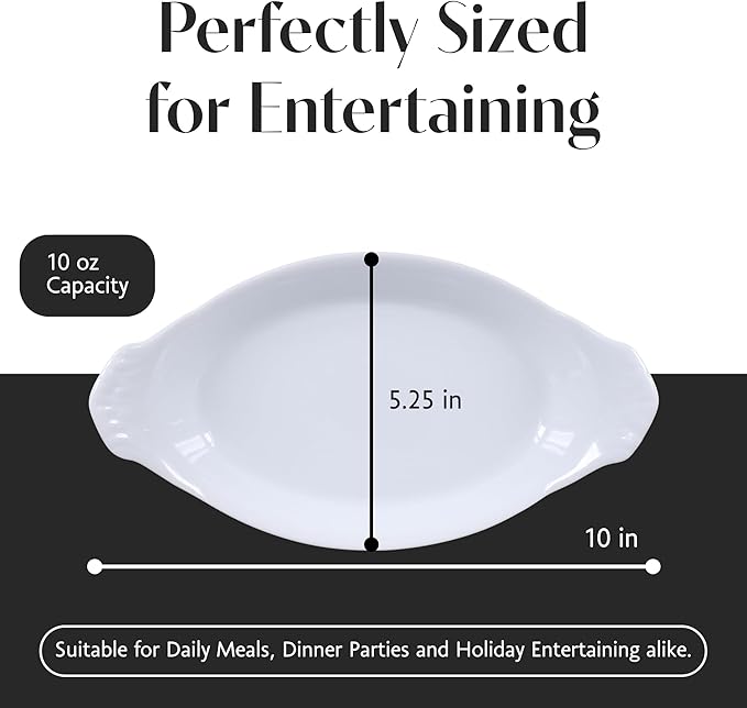 BIA Cordon Bleu Oval Au Gratin, Set of 4-10oz White Porcelain Ramekins with Glossy Finish - Microwave, Oven & Dishwasher Safe Small Baking Dishes for Appetizers, Sides & Gifting - 10" x 5.25"