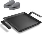 Carbon Steel Griddle, Small Non-Toxic Stovetop Flat Top Pan for Gas, Electric Range, Induction, Grill & Campfire, Pre-seasoned Nitride Coating, Oven Safe to 1200°F, with Heat-insulating Gloves
