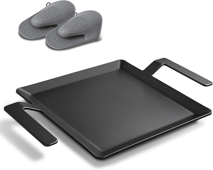 Carbon Steel Griddle, Small Non-Toxic Stovetop Flat Top Pan for Gas, Electric Range, Induction, Grill & Campfire, Pre-seasoned Nitride Coating, Oven Safe to 1200°F, with Heat-insulating Gloves