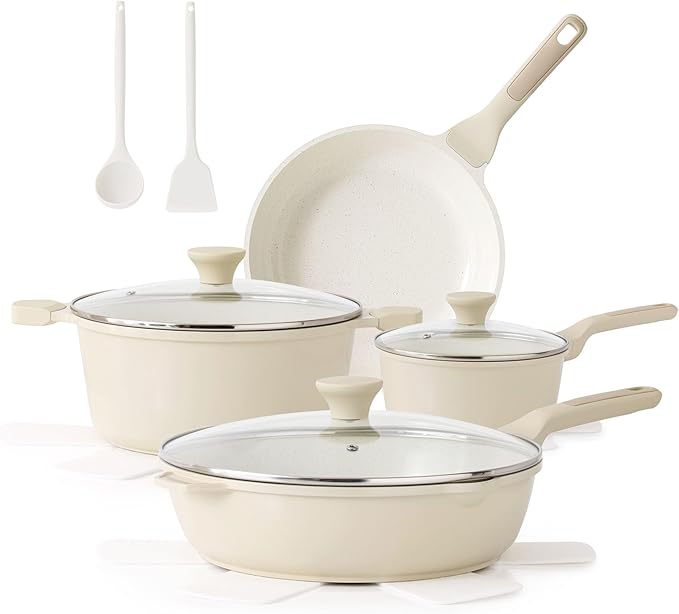 SENSARTE Nonstick Ceramic Cookware Set Large-Size 13-Piece, Healthy Pots and Pans Set, Non-toxic Kitchen Cooking Set with Stay-Cool Handles, PFAS and PFOA Free, Cream White