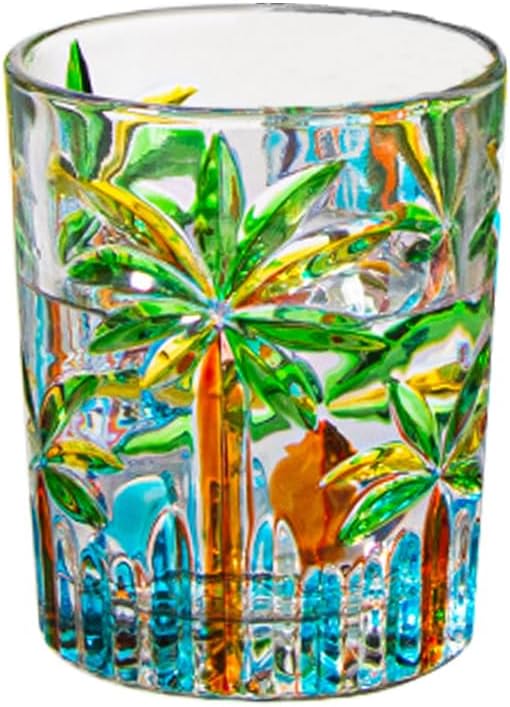 Tropical Summer Drinking Glasses 4 Short Coconut Tree Pool Party Caribbean Beach Theme Design Colorful Tiki Bar Margarita Mix Drink Mojito Martini Pool Party Cup Palm Trees Engraved Whiskey Sour Glass