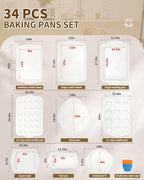 Baking Pans Set with Silicone Handles, 34 PCS Nonstick Bakeware Sets, Oven Pan Set Includes Baking Tray, Cookie Sheet, Cake Pans, Loaf Pan, Muffin Pan, Pizza Pan