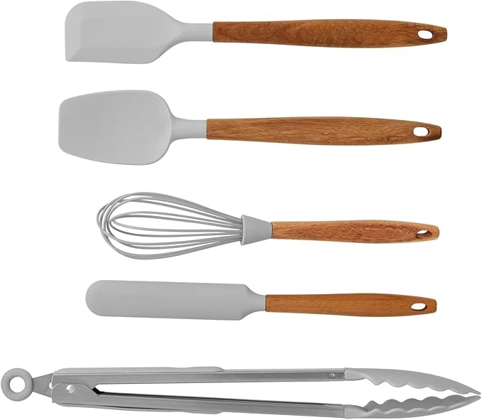 10-Piece Silicone Kitchen Utensils Set with Acacia Wood Handles, Nonstick Safe, Heat Resistant Cooking Tools for Everyday Use (Gray)