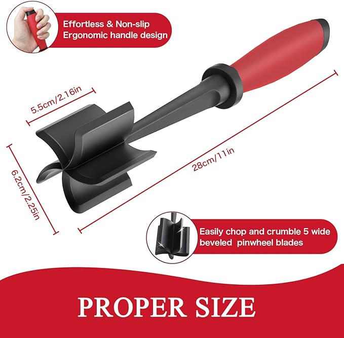 Meat Chopper, 5 Curve Blades Ground Beef Masher, Heat Resistant Meat Masher Tool for Hamburger Meat, Ground Beef, Turkey and More, Nylon Hamburger Chopper Utensil Non-scratch Utensils-red