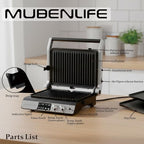 Panini Press,4 Slices Contact Grill with Removable Non-Stick Coated Grill and Flat Plates,Panini Makers with Temperature Control and Timer,Open 180 Degrees,Grill and Griddle (Half black with digital)