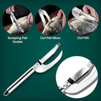 Comfecto 5 Pcs Stainless Steel Fish Scaler Remover Scraper with Sawtooth, Sturdy Ergonomic Fish Skin Graters with Bone Tweezer Dig Out Blade Knife Peeler Bottle Opener and Pouch, Reguler, Silver