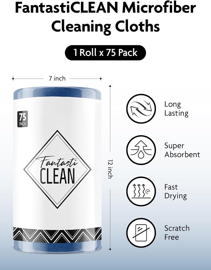 Fantasticlean Microfiber Cleaning Cloth Roll -75 Pack, Tear Away Microfiber Towels, 12" x 12", Reusable, Washable, Scratch Free, Ultra Absorbent Dish Rags for Car, Home, Garage or Shop (Navy Blue)
