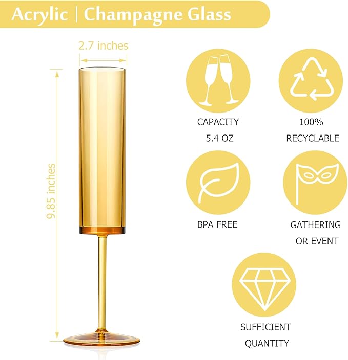 12 PCS Amber Glass Champagne Flutes 5.4 Oz Long Stem Champagne Flutes Plastic Acrylic Champagne Glasses Colored Sparkling Wine Glasses Reusable For Luxury Party Wedding Bar Birthday Use