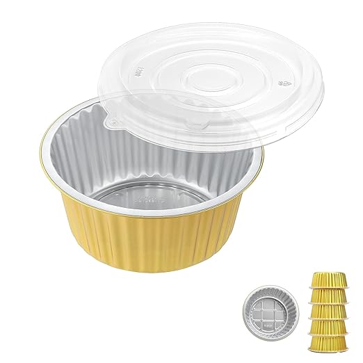 7" Deep Round Aluminum Foil Pans with Lids (5 Pack), Heavy Duty Grease-Resistant Foil Containers for Baking, Heating, Meal Prep & Food Storage, 3" Depth, 46oz