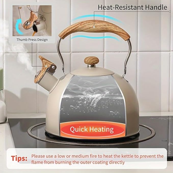 Stove Top Kettle, 2.5 Quart Whistling Kettle for Gas Hob with Wood Pattern Handle Loud Whistle Food Grade Stainless Steel, Anti-Hot Handle and Anti-Rust, Suitable for All Heat Sources