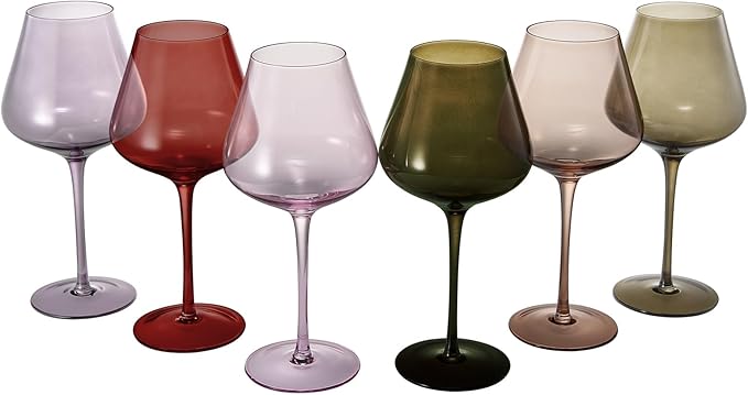 Khen Colored Crystal Wine Glass Set of 6, Large 20 OZ Glasses, Fall Leaves Terracotta Bright Italian Style Tall Stemmed Drinkware Red & White Wine, Water Dinner Glasses, Color Glassware Stemmed