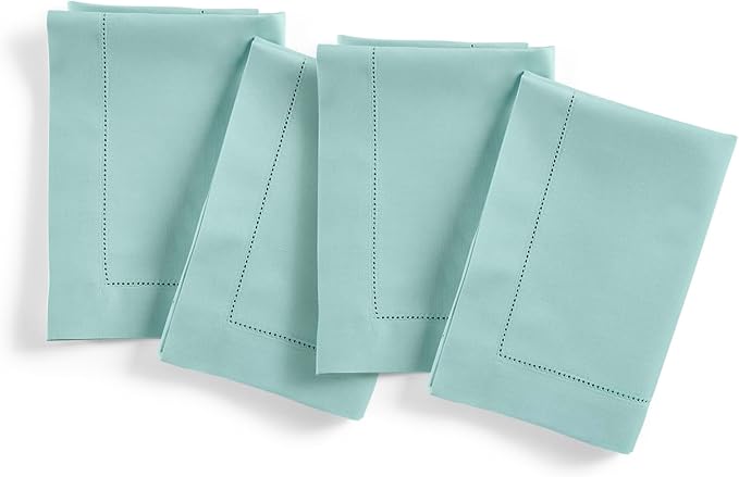 Solino Home Cotton Linen Napkins Set of 4 - Hemstitch Pastel Turquoise Dinner Napkins Cloth 20 x 20 Inch - Handcrafted and Machine Washable