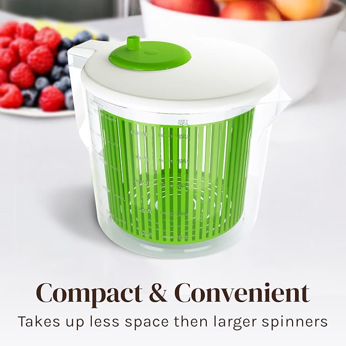 Cooler Kitchen Small Salad Spinner — Mini Lettuce Spinner and Dryer with Measuring Cup Bowl — Compact Veggie & Fruit Washer, Salad Dryer Spinner — Dishwasher Safe, BPA-Free