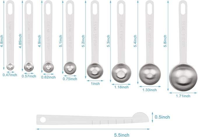 Upgrade 9 PCS Stainless Steel Measuring Spoons Set, Small Tablespoon, Teaspoons, Set 8 with Bonus Leveler for Dry and Liquid, Fits in Spice Jars, 1/32 1/16 1/8 1/4 1/2 1 tsp, 1/2 1 tbsp