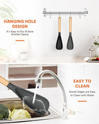 Cooking Spoon for Nonstick Cookwares, Great for Cooking and Serving Sturdy BPA-Free Matte Silicone, Wood Handle Spoon for Mixing, Scoop, and Scrape (Black & Grey, 13.4 inch)