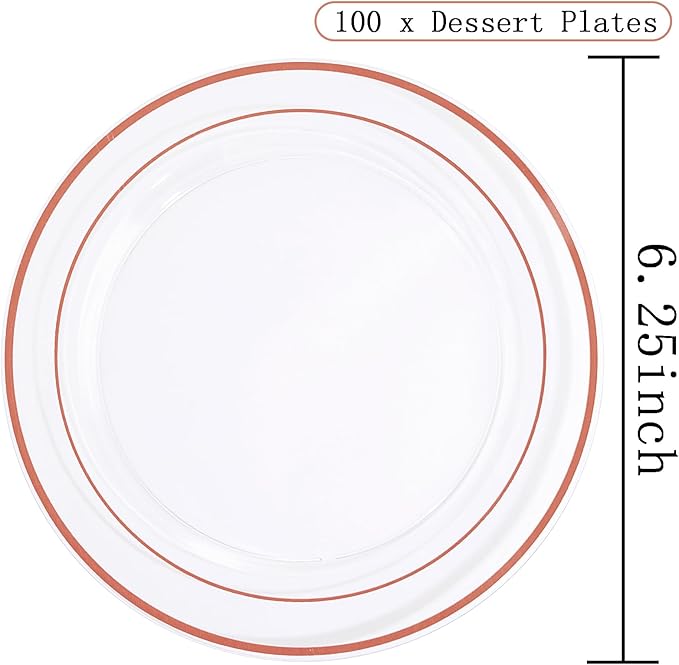 bUCLA 100PCS Clear Rose Gold Plastic Plates Disposable - Heavy Duty 6.25 Inch Clear Plastic Dessert Plates with Rose Gold Trim - Ideal for Party, Wedding & Mother’s Day
