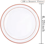 bUCLA 100PCS Clear Rose Gold Plastic Plates Disposable - Heavy Duty 6.25 Inch Clear Plastic Dessert Plates with Rose Gold Trim - Ideal for Party, Wedding & Mother’s Day