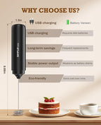 SIMPLETASTE Milk Frother Handheld Electric Foam Maker, Drink Mixer with Stainless Steel Whisk for Cappuccino, Bulletproof Coffee, Latte, Black, without Stand, USB-C Rechargeable