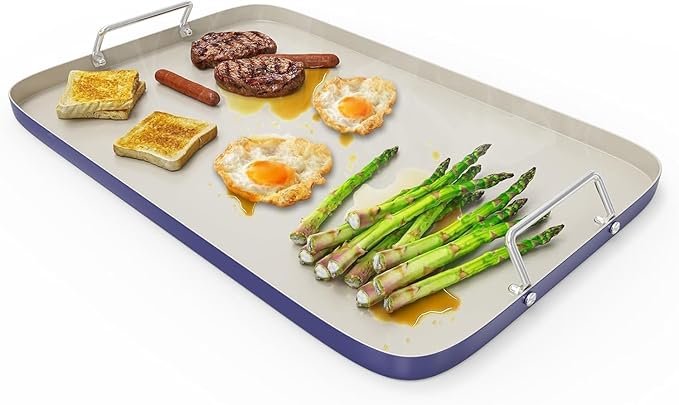 SafBbcue 20" x 13" Double Burner Griddle Pan, Non-Stick Ceramic Coated, for Outdoor Gas Pellet Grill, Stove Top Charcoal Grills, for Weber Charbroil Camp Chef Grill, Blue