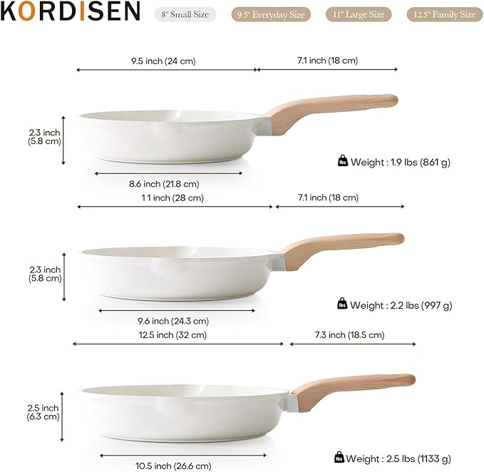 Kordisen Nonstick Ceramic Frying Pan Set, 3 Piece Ceramic Skillet Set, Healthy Non Toxic Cooking Pan, Stay-Cool Handle, Induction Compatible, PFOA & PFAS Free, White(9.5, 11, 12.5 Inch)