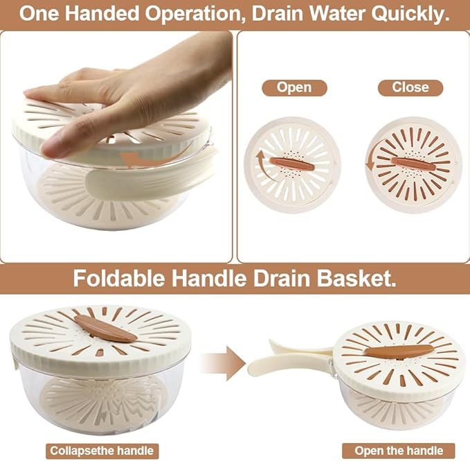 Multifunctional Fruit Washing Bowl,2 in 1 Drainer and Strainer,Foldable Handle Drain Basket with Lid,Kitchen Colanders & Food Strainers, Suitable for Washing Fruits and Vegetables