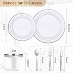 BESTVIP 300PCS Plastic Dinnerware Set (50 Guests), Silver Disposable Plates for Party, Wedding, Christmas, Anniversary, Includes: Dinner Plates, Dessert Plates, Cups, Spoons, Forks and Knives