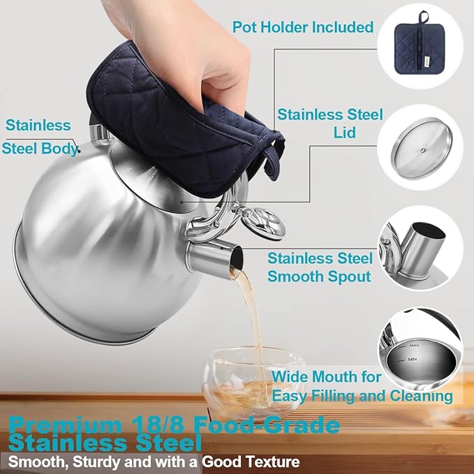 Tea Kettle, 2.64 Qt Tea Pot Stovetop, Premium 304 Food-Grade Tea Kettle Stovetop, Resounding Sound, Vintage Aesthetics, with Pot Holder (Brushed)
