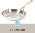 Martha Stewart Castelle 8-Inch Stainless Steel Frying Pan with Gold-Tone Handle – Tri-Ply Encapsulated Bottom, Oven Safe & Induction Safe Skillet for Searing and Sautéing
