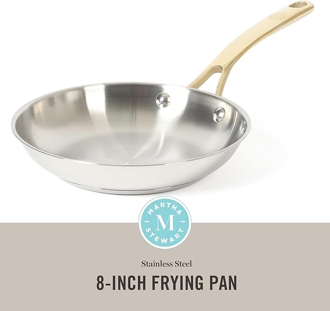 Martha Stewart Castelle 8-Inch Stainless Steel Frying Pan with Gold-Tone Handle – Tri-Ply Encapsulated Bottom, Oven Safe & Induction Safe Skillet for Searing and Sautéing