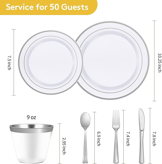 Goodluck 300-Piece Disposable Dinnerware Set for 50 Guests - Silver Plastic Plates, Salad Plates, Cutlery & Cups for Parties & Weddings
