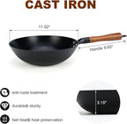 Pre-coated non-stick cast iron wok with wooden handle (no lid), suitable for gas, induction, and electric stoves, easy to use and maintain (11 inches)