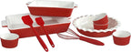 GOURMETEDGE 10-Piece Stackable Ceramic Bakeware Set - Ideal Mother's Day Gift, Non-Toxic Non-Stick Oven Safe, PFOA & PFOS Free, Includes Baking Dishes, Pie Plate, Ramekins & Silicone Tools (Red)