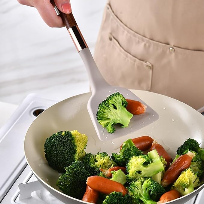 Kitchen Utensils Set,Cooking Utensils Set,Kitchen Utensils Set with Stand, 7pcs Silicone Cooking Utensils, Nonstick Pasta Spoons Skimmer Spatula Baking Kitchen Tools Gadgets(Khaki)