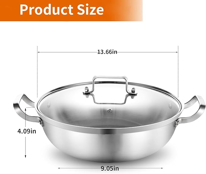 Delarlo Tri-Ply Stainless Steel 13 inch Everyday Pan with Glass Lid, Deep Saute Pan, High Side Kitchen Cooking Pot, Chef's Pans, Induction Deep Frying Pan, 5QT Stock Pot, Up to 550℉