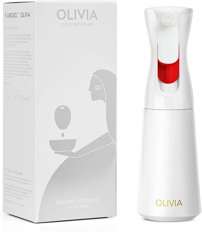 FLAIROSOL OLIVIA SIGNATURE Advanced Kitchen Oil Sprayer Technology, Fine Mist & Portion Control, Refillable Glass Olive Oil Cooking Spray Bottle for Air Fryer, Salad, BBQ, 200ml (White, Gold)