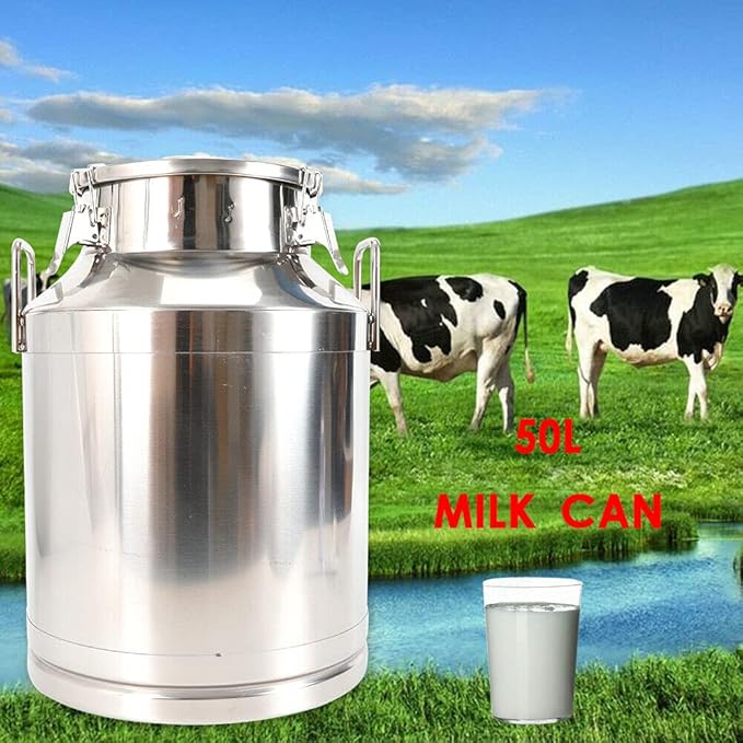 304 Stainless Steel Milk Can Large 12L-60L Capacity Milk Bucket Ice Buckets Bar Tools Wine Pail Bucket Milk Can Tote Jug with Sealed Lid Heavy Duty for Milk and Wine Liquid Storage (50L)